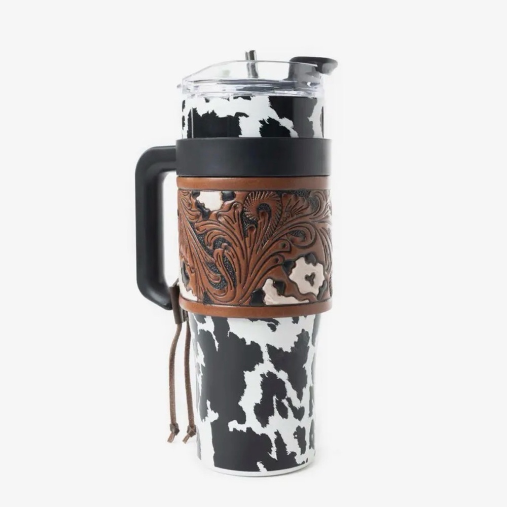 Myra Bag large Travel Tumbler in black & white with Brown Leather Sleeve